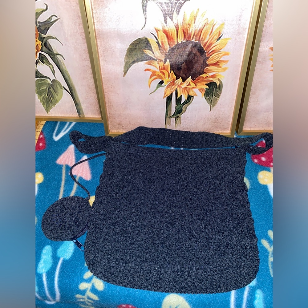 Vintage Nylon Knit Navy Blue Purse with attached change purse